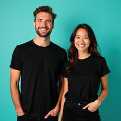 Fototapeta premium Man and woman wear black t-shirts. Couple smiles against turquoise background. Friends pose with hands in pockets. Diverse pair show unity and style. Casual fashion outfit.