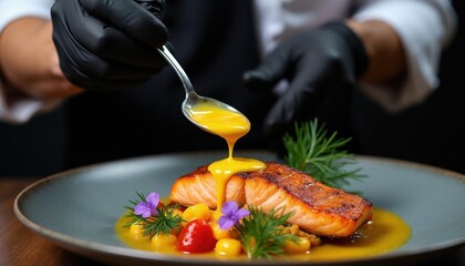 Fototapeta premium Chef adds bright sauce to cooked salmon fillet on gray plate. Fish with yellow sauce garnished with cherry tomatoes, purple flowers, herbs, and pineapple chunks.