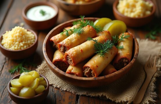Close-up of sarmale cabbage rolls with minced meat filling in wooden bowl. Served with couscous pickles sour cream and dill. Rustic Romanian food feast on a table.