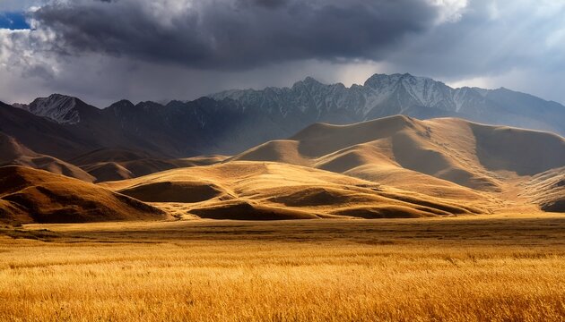 Golden Grassland Landscape Under A Dramatic Sky In The Zagros Mountains