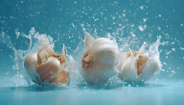 Super slow motion fresh garlic falls into the water with splashes on a blue background. Filmed on a high-speed camera at 1000 fps. High quality FullHD footage