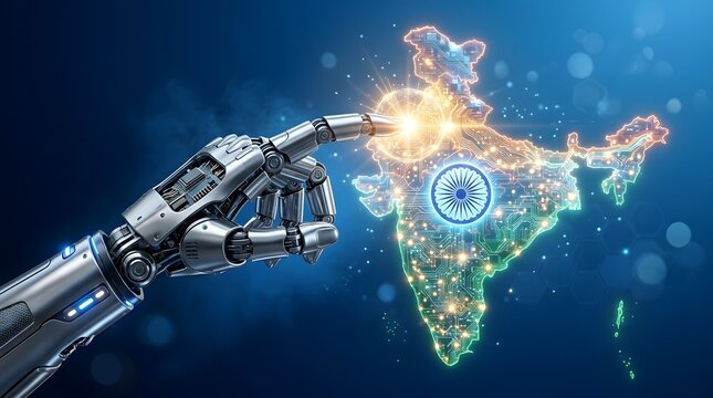Futuristic robot hand interacting with a glowing cybernetic map of India representing smart governance digital economy and technological progress