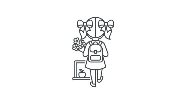 Schoolgirl with Backpack and Flowers Line Art Icon