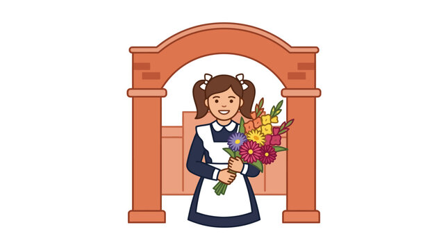 Schoolgirl with Bouquet in Front of School Building