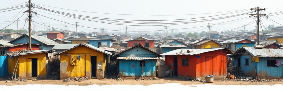 View of colorful shantytown houses in dense settlement. Makeshift homes have corrugated metal walls and roofs. Power lines crisscross above the crowded urban landscape.