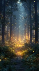 Fototapeta premium Enchanting forest pathway illuminated by a million glowing fireflies creating a magical atmosphere with soft golden and blue hues at twilight hours