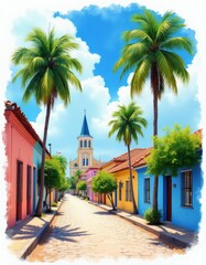 Fototapeta premium Colorful Caribbean street scene with vibrant houses and palm trees. A church steeple rises above the buildings under a bright blue sky with fluffy clouds.