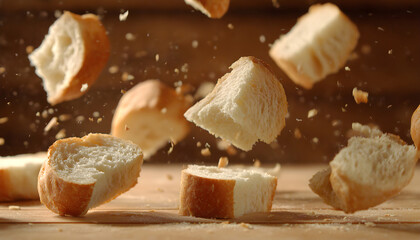 Fototapeta premium Super slow motion pieces of fresh bread fall on the table. On a wooden background