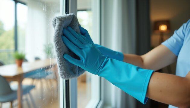 Person in blue gloves cleans window with grey cloth. Hands wipe dirty glass surface in home interior. Bright natural light shines through clean pane.