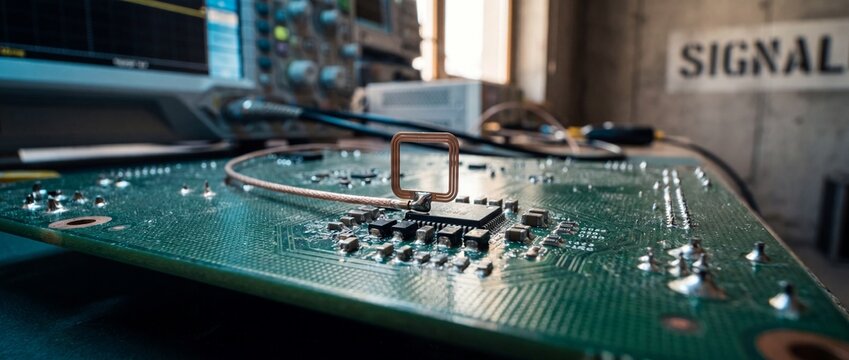 Circuit board RFID antenna testing in laboratory workspace for hardware engineering and signal analysis close up backdrop. Electronic prototype development concept.