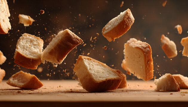 Super slow motion pieces of fresh bread fall on the table. On a wooden background