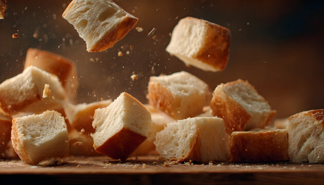 Super slow motion pieces of fresh bread fall on the table. On a wooden background