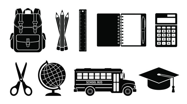 Set of black school supply icons featuring backpacks pencils rulers notebooks calculators and education related items