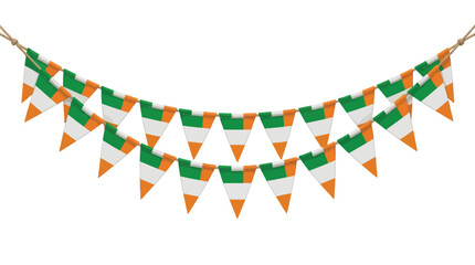 Fototapeta premium Multiple rows of hanging pennant flags featuring the green white and orange irish national colors