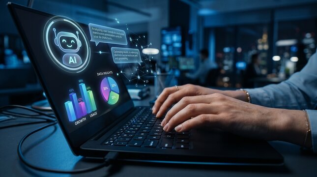 Generative AI creative content concept with business professional using laptop interface showing prompt based media creation automation digital design workflow and productivity tools