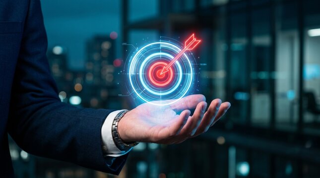 Business goal achievement and strategic target success concept with glowing target icon and arrow in hand, representing precision planning, KPI performance, leadership strategy, successful business