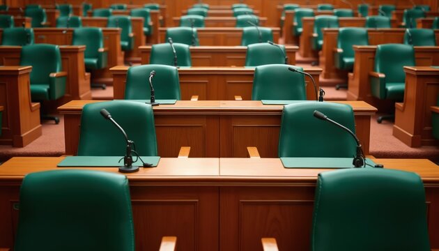 Rows of empty green chairs with microphones face wooden desks in government chamber. Empty seats suggest waiting period before meeting session conclusion. Formal setting ready for public discussion,