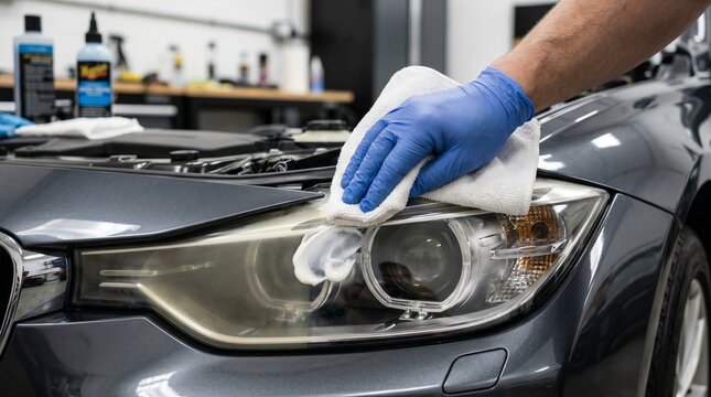 Detailer polishes a car headlight with a microfiber cloth and cleaning paste