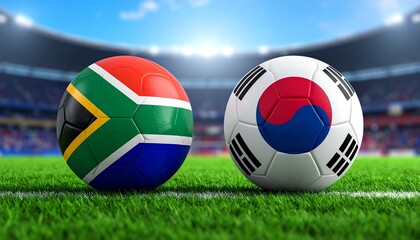 Fototapeta premium Two soccer balls in flags colors on a stadium blurred background. South Africa vs South Korea. 3D image.