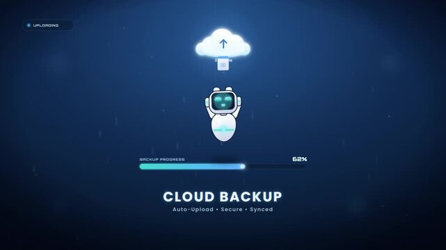 AI robot assistant uploads data to cloud during automatic backup process animation