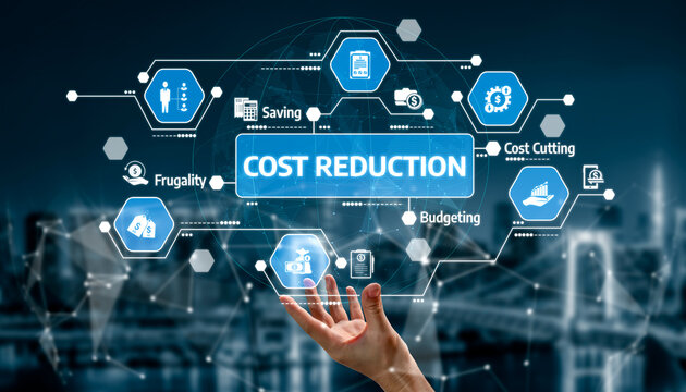 A hand reaches toward digital icons symbolizing cost reduction strategies such as saving, budgeting, and frugality in a contemporary business setting. Tessel