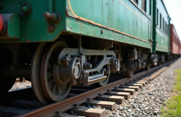 Naklejka premium Green train wheels and undercarriage detail on railroad tracks. This vintage locomotive part shows metal mechanics, suspension, and bogie system on a sunny day.