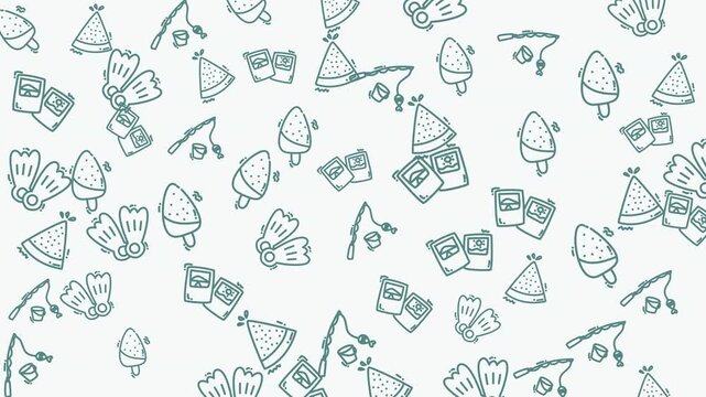 Seamless Hand-Drawn Fishing Gear Pattern in Blue Line Art