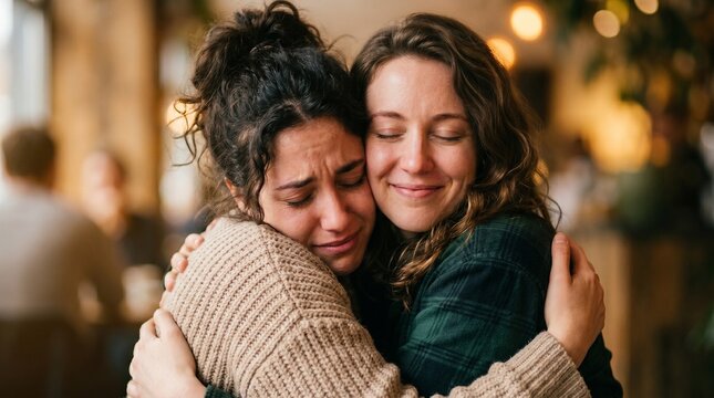 Two women embracing, one crying and the other offering comfort and support