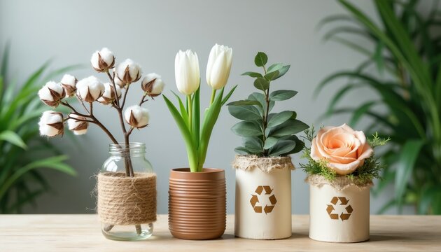 Four decorative recycled containers hold plants and flowers. Cotton plant, white tulips, green leaves, and peach rose. Containers decorated with twine and recycling symbols on wooden surface.