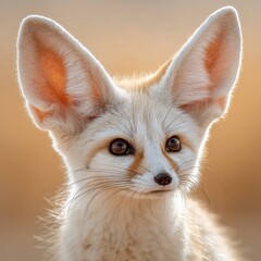 Obraz premium Portrait of a young fennec fox with large ears glowing in soft natural light against a smooth warm beige background in desert habitat setting