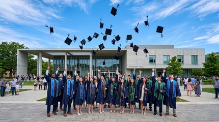 Obraz premium Cheerful college graduates throwing their graduation caps in the air in front of a modern university building.