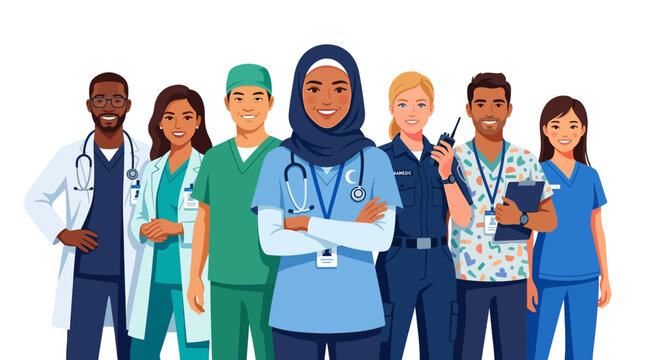 Diverse multi-ethnic medical team of doctors, nurses, and paramedics in scrubs and uniforms
