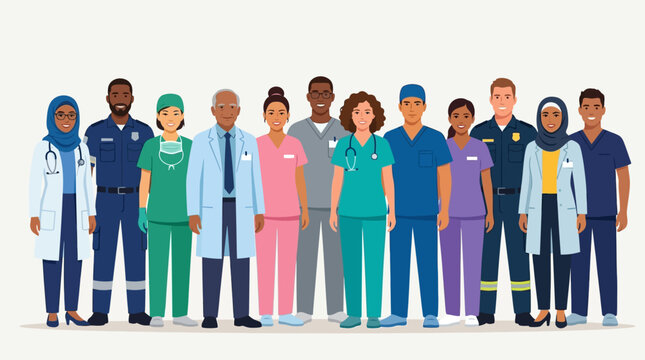 Diverse Team of Healthcare Professionals and Essential Workers Vector Illustration
