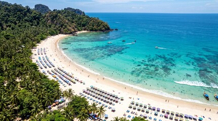 Fototapeta premium Aerial drone view of a crowded tropical beach with turquoise water and lush green palm trees