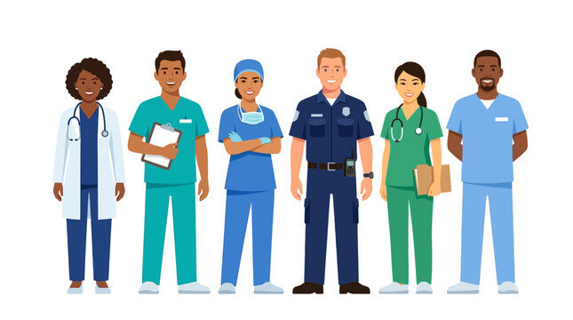 Diverse Essential Workers Vector: Healthcare Professionals and Police Officer Illustration