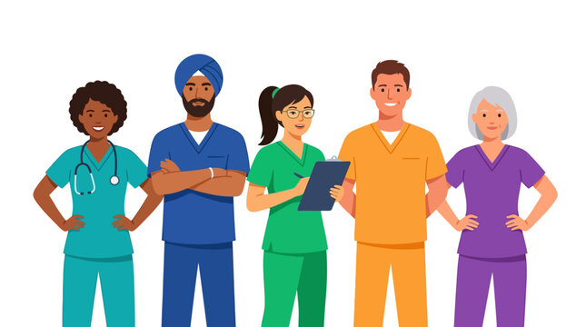 Diverse Healthcare Professionals Team Illustration in Colorful Scrubs