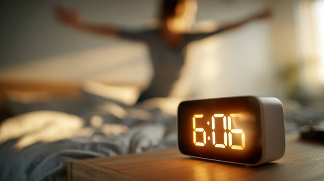 Digital alarm clock showing early morning time with blurred figure stretching in bed, symbolizing a fresh start and morning routine at home