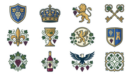 Fototapeta premium Collection of Traditional Heraldic Symbols for Vineyard and Wine Branding