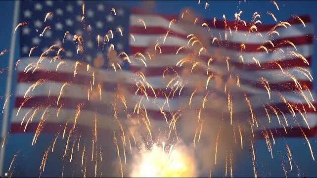 Bright golden fireworks exploding in the night sky before a waving American flag motion video clip