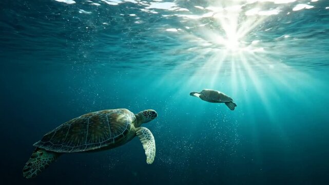 Two sea turtles swimming in crystal clear tropical ocean water with sun rays piercing through the surface, underwater marine life cinematic shot