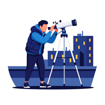 Flat vector illustration of a man observing the night sky through a professional telescope on a city balcony.