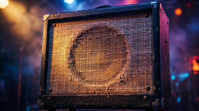 Vintage guitar amplifier speaker with worn fabric grill and stage lighting