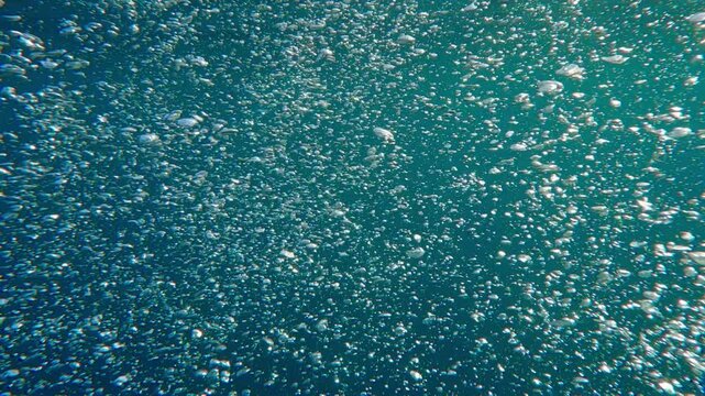 Stream of bubbles rushes upwards against turquoise water to surface of sea. Follow shot of air bubbles from view above to bubbling water surface. Natural underwater background with air bubbles 