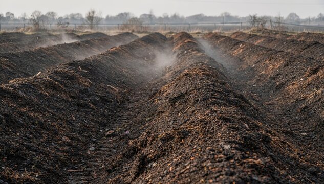 Medium shot of windrow rows in compost curing zone focusing on orderly elongated piles aging undisturbed for effective microbial activity and moisture retention.