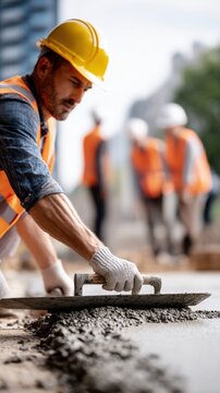 Construction worker wearing safety gear smoothing freshly poured concrete on site with team members working in the background during daytime project
