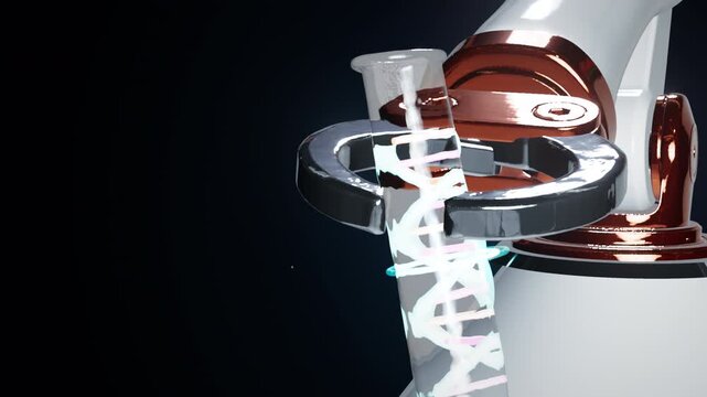 High-tech industrial robot interacts with a procedural medical sample. The sophisticated optical scanner sweeps rhythmically across the data.