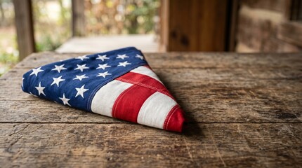 American flag elegantly folded on weathered wooden table outdoors
