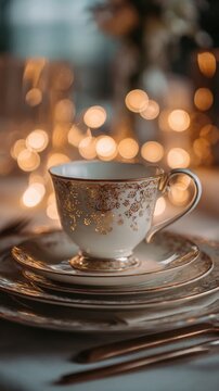Elegant vintage porcelain teacup with intricate golden floral design on stacked plates with warm festive bokeh lights creating cozy atmosphere