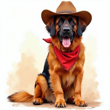 Leonberger dog wears cowboy hat and red bandana. This cute pet sits like a cowboy, ready for adventure. Illustration style adds charm and character to this playful scene.