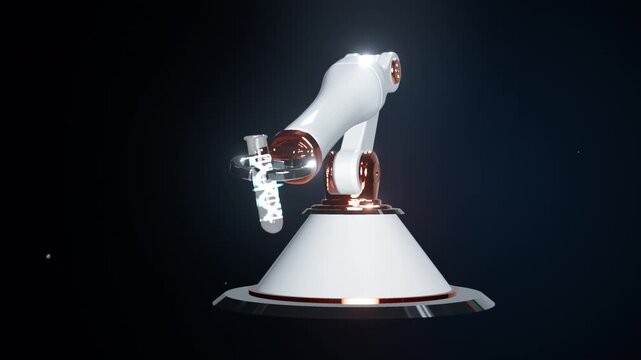 High-tech industrial robot interacts with a procedural medical sample. Volumetric laser rings cut through the refractive glass cylinder.